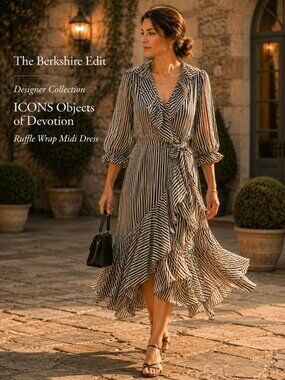 ICONS Objects of Devotion Stripe Ruffle Wrap Midi Dress NWT Black White M
